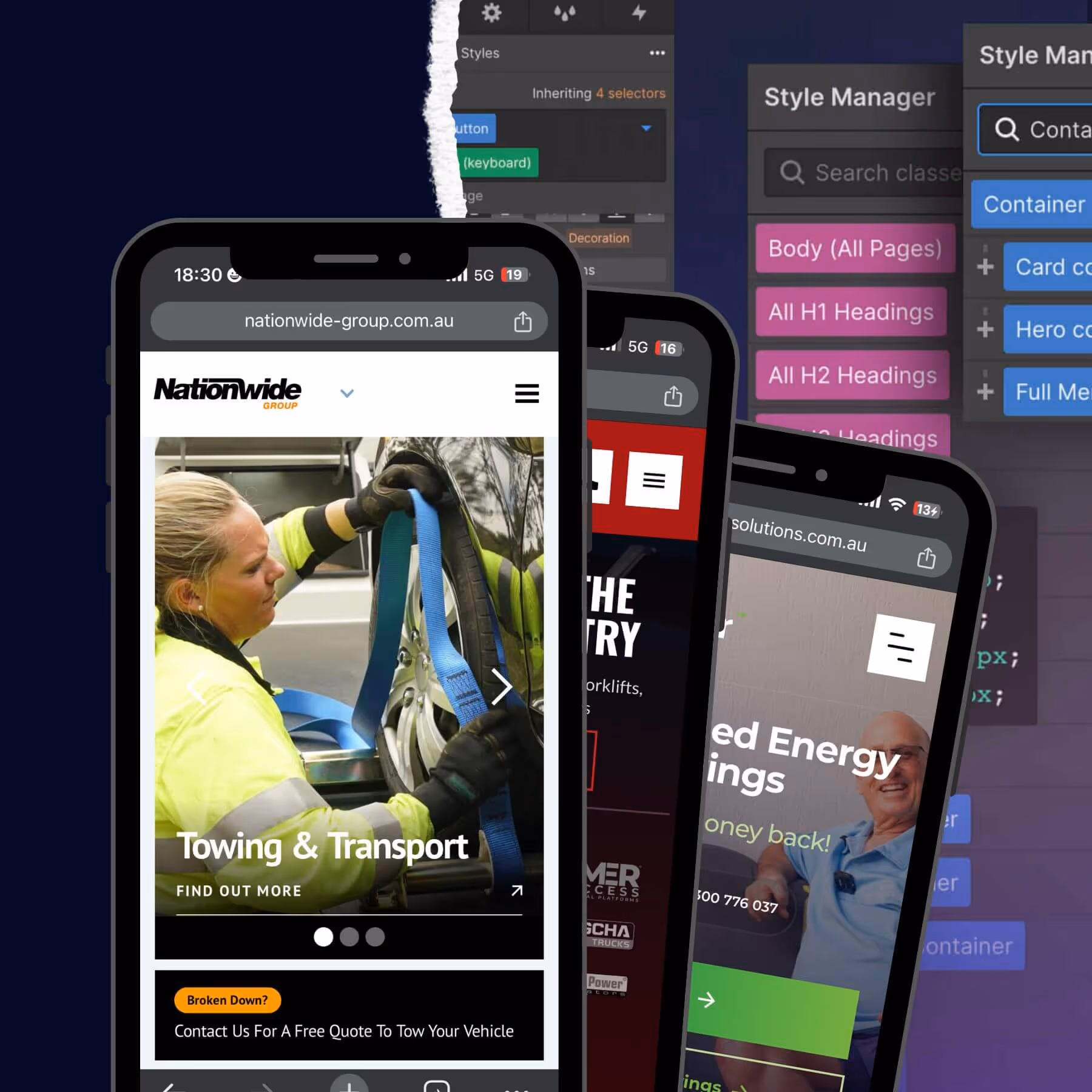 Three smartphones displaying different websites, focusing on towing, energy savings, and web design style management.