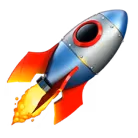 Cartoon-style rocket ship with red fins and flames shooting from its engine.
