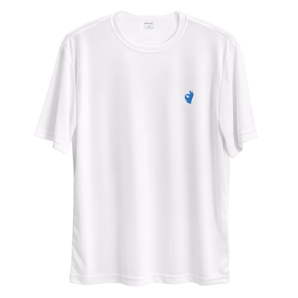White sports jersey with a small blue embroidered hand making an OK sign on the left chest.